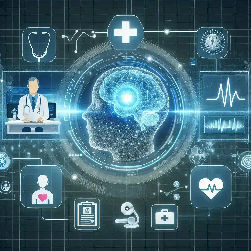 "Ilustrasi pemanfaatan kecerdasan buatan dalam meningkatkan kualitas layanan telemedicine dengan dokter dan pasien berinteraksi melalui perangkat digital."