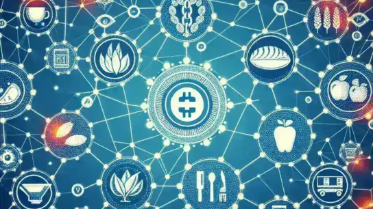 "Ilustrasi konsep blockchain yang meningkatkan transparansi dalam rantai pasokan pangan, menunjukkan alur informasi dan transaksi dari petani ke konsumen."