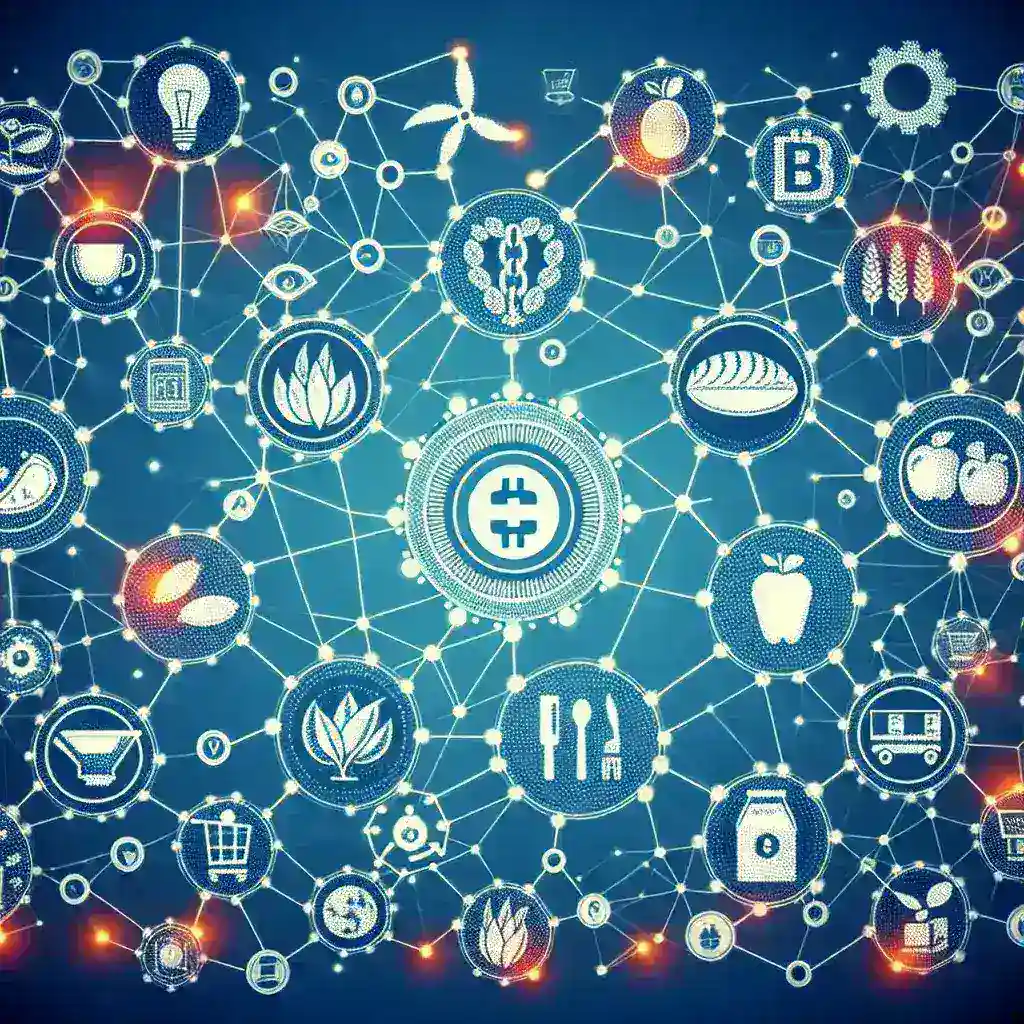 "Ilustrasi konsep blockchain yang meningkatkan transparansi dalam rantai pasokan pangan, menunjukkan alur informasi dan transaksi dari petani ke konsumen."