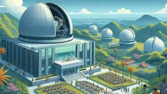 "Peluncuran Pusat Observasi Cuaca Luar Angkasa di Papua, Indonesia: Gambar momen penting peresmian dengan pejabat pemerintah, ilmuwan, dan perangkat observasi cuaca."