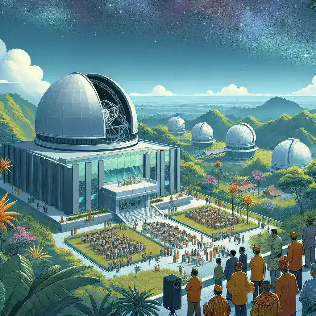 "Peluncuran Pusat Observasi Cuaca Luar Angkasa di Papua, Indonesia: Gambar momen penting peresmian dengan pejabat pemerintah, ilmuwan, dan perangkat observasi cuaca."